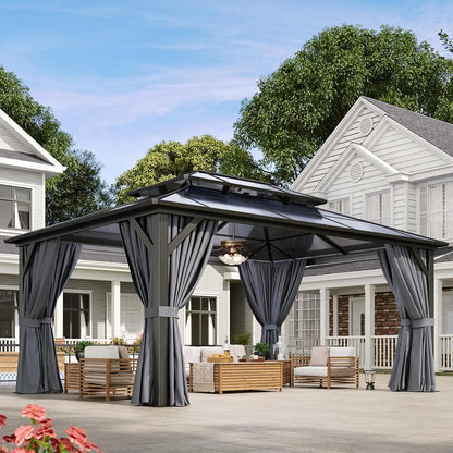 12x16 Hardtop Gazebo with Curtains & Mosquito Netting | Aluminum Frame, Polycarbonate Double Roof