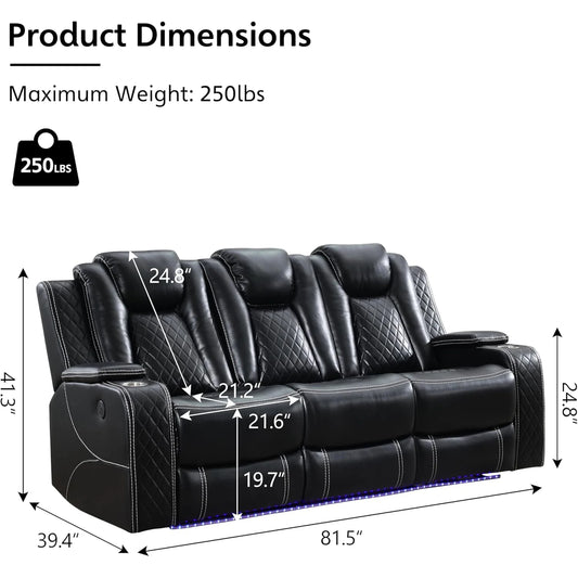 Power Reclining Sofa with Wireless Charging, LED Lights & Drop-Down Table – 3-Seater