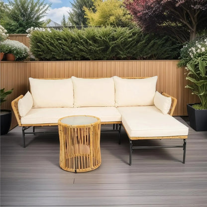 6-Piece Modern Outdoor Sectional Sofa Set with Round Nesting Coffee Tables – All-Weather Rattan & Acacia Wood