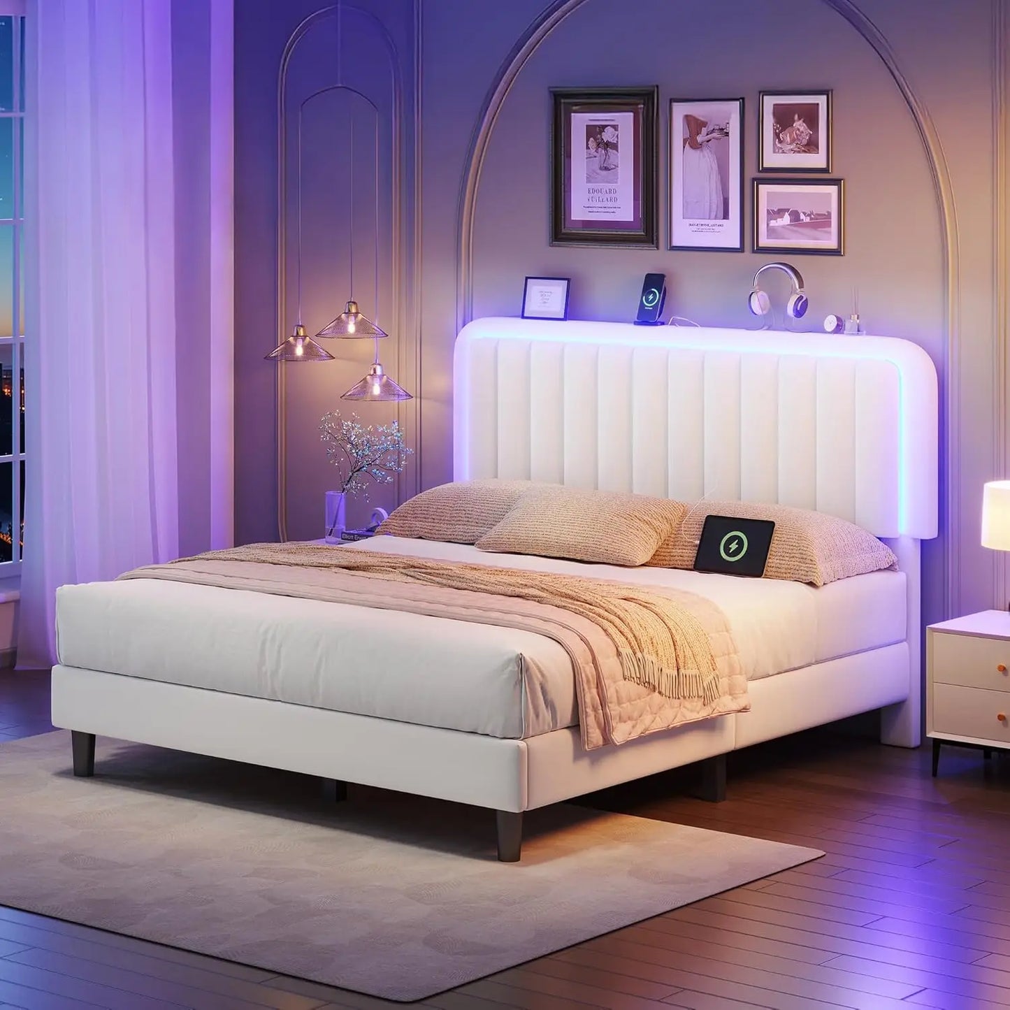 Queen Bed Frame with RGB LED Headboard & USB Charging Station – Velvet Upholstered, Adjustable, 1000 lb Capacity