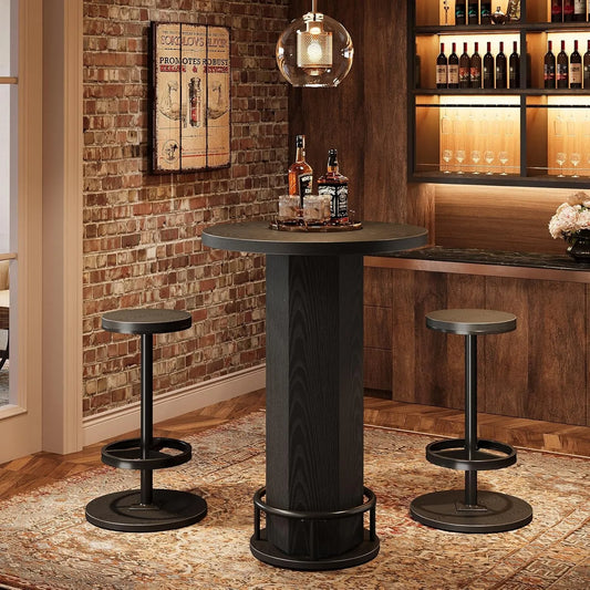 Round Industrial Bistro Bar Table Set – 23.6" Tabletop, MDF & Steel, with 2 Bar Stools
