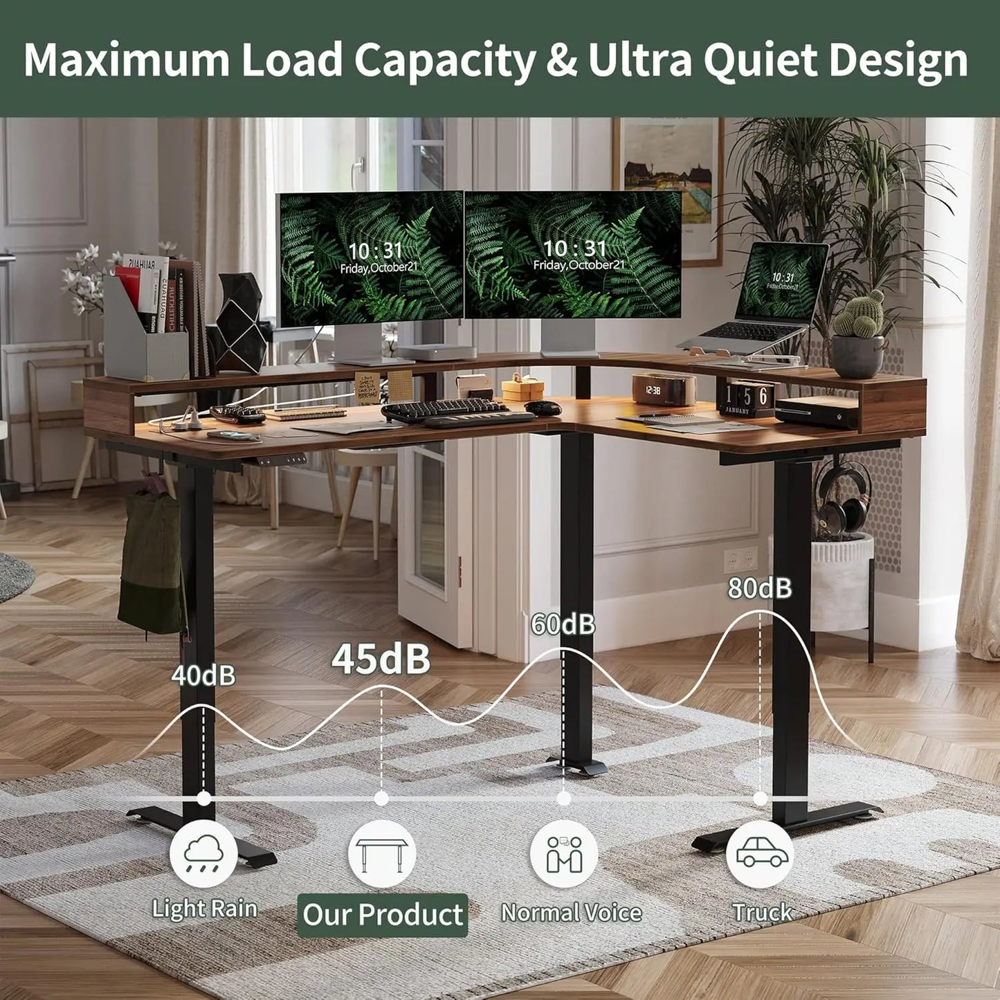 L-Shaped Electric Standing Desk 63" | LED Lighting, Power Outlet & Monitor Stand