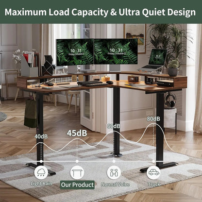 L-Shaped Electric Standing Desk 63" | LED Lighting, Power Outlet & Monitor Stand