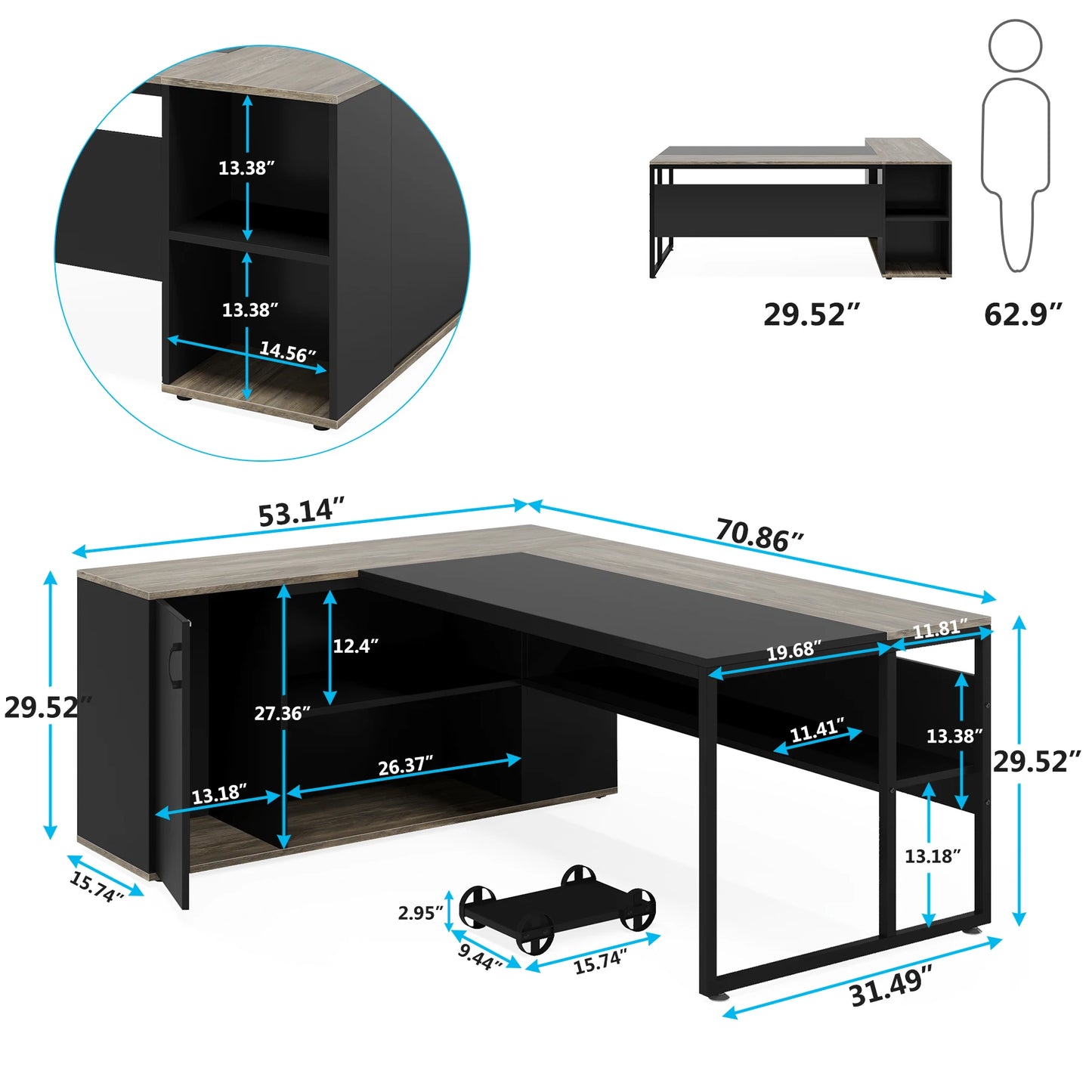 Tribesigns 71" L-Shaped Executive Desk with Storage Cabinet & Shelves