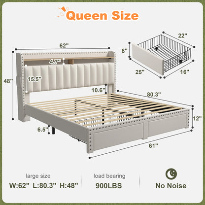 Upholstered Platform Bed Frame with 2-Tier Storage Headboard & 2 Drawers – No Box Spring Needed