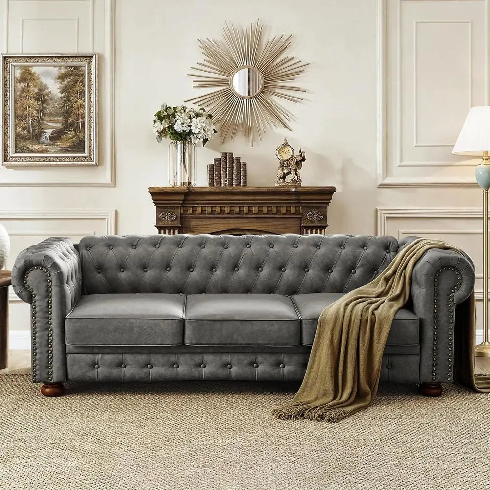 3-Seater PU Leather Chesterfield Sofa | Button Tufted, Nail Trim & Gourd Legs