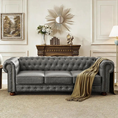 3-Seater PU Leather Chesterfield Sofa | Button Tufted, Nail Trim & Gourd Legs