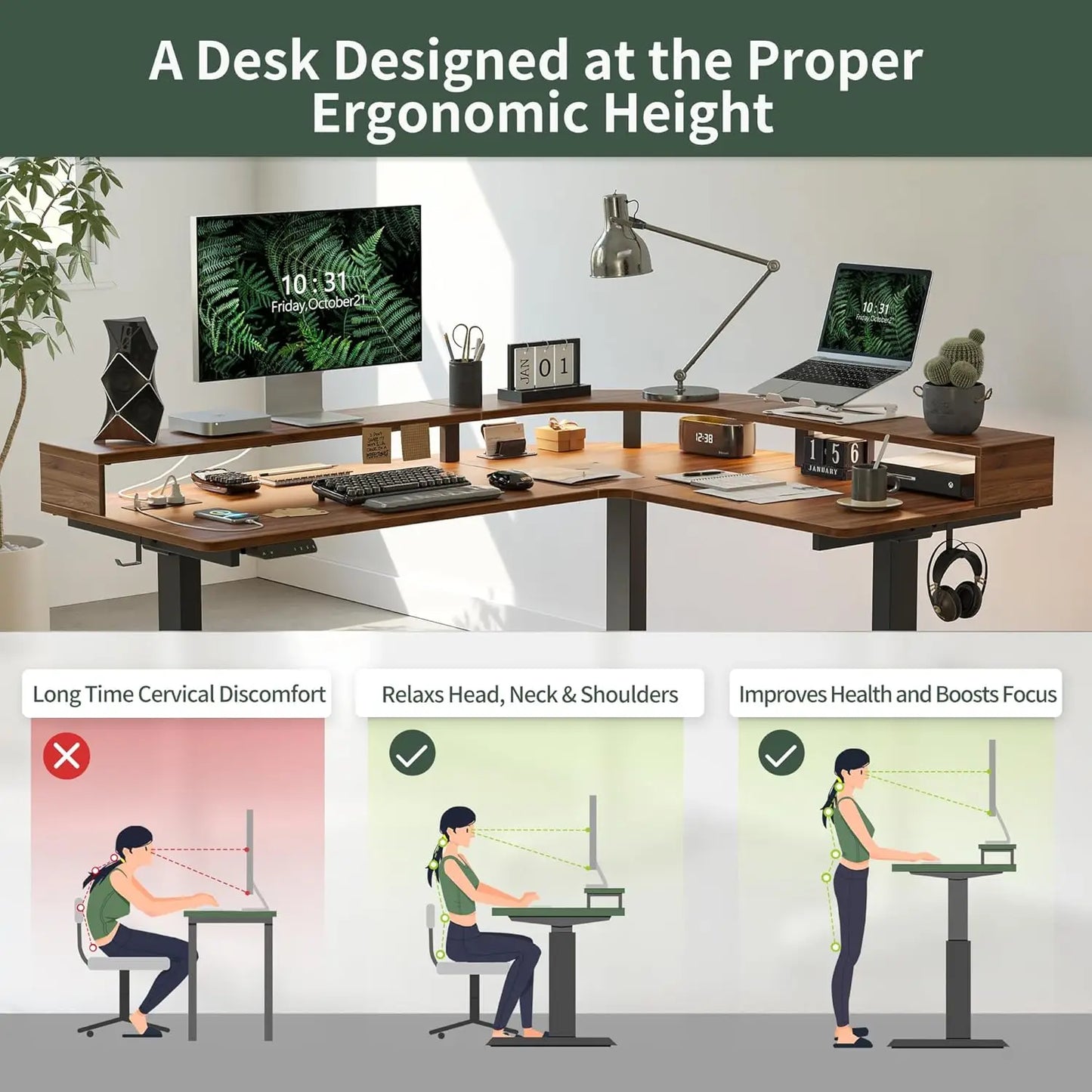 L-Shaped Electric Standing Desk 63" | LED Lighting, Power Outlet & Monitor Stand
