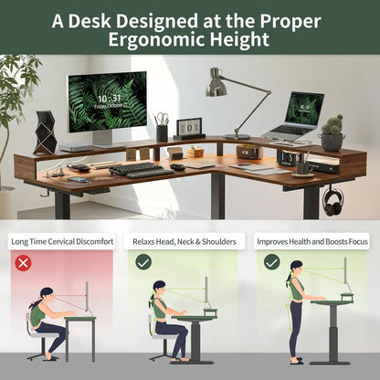 L-Shaped Electric Standing Desk 63" | LED Lighting, Power Outlet & Monitor Stand