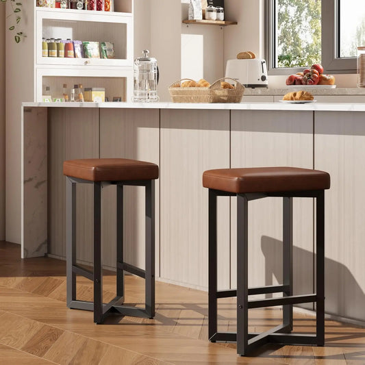 Modern PU Leather Bar Stools Set of 2 – Counter Height with X-Frame Metal Base