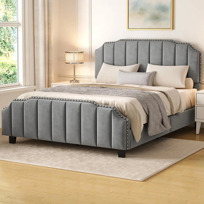 Queen Upholstered Wingback Platform Bed Frame – Tufted Velvet Headboard, Nailhead Trim, No Box Spring Needed