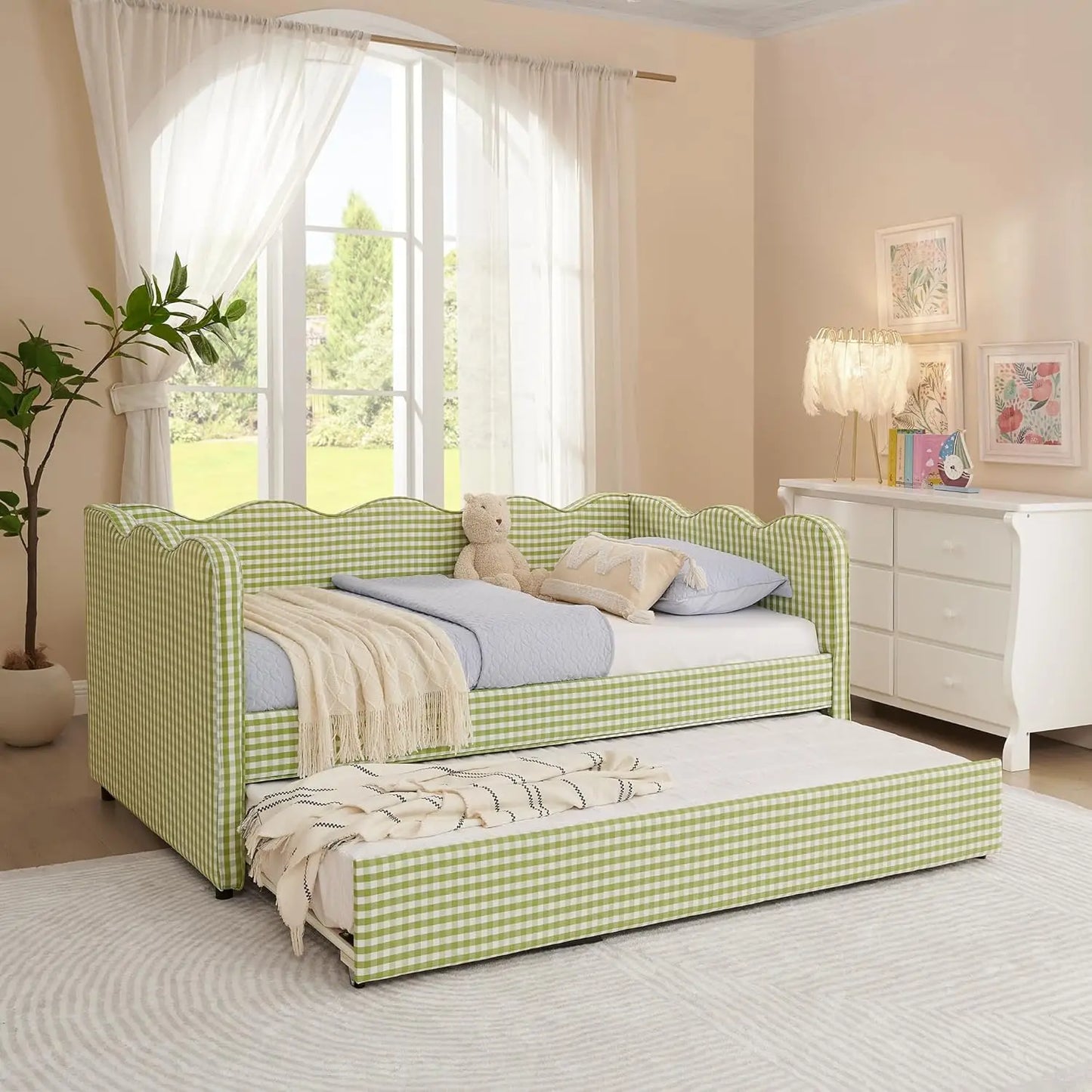 Twin Upholstered Gingham Daybed with Trundle & USB Charging – Linen, Wavy Edge, 7 Colors