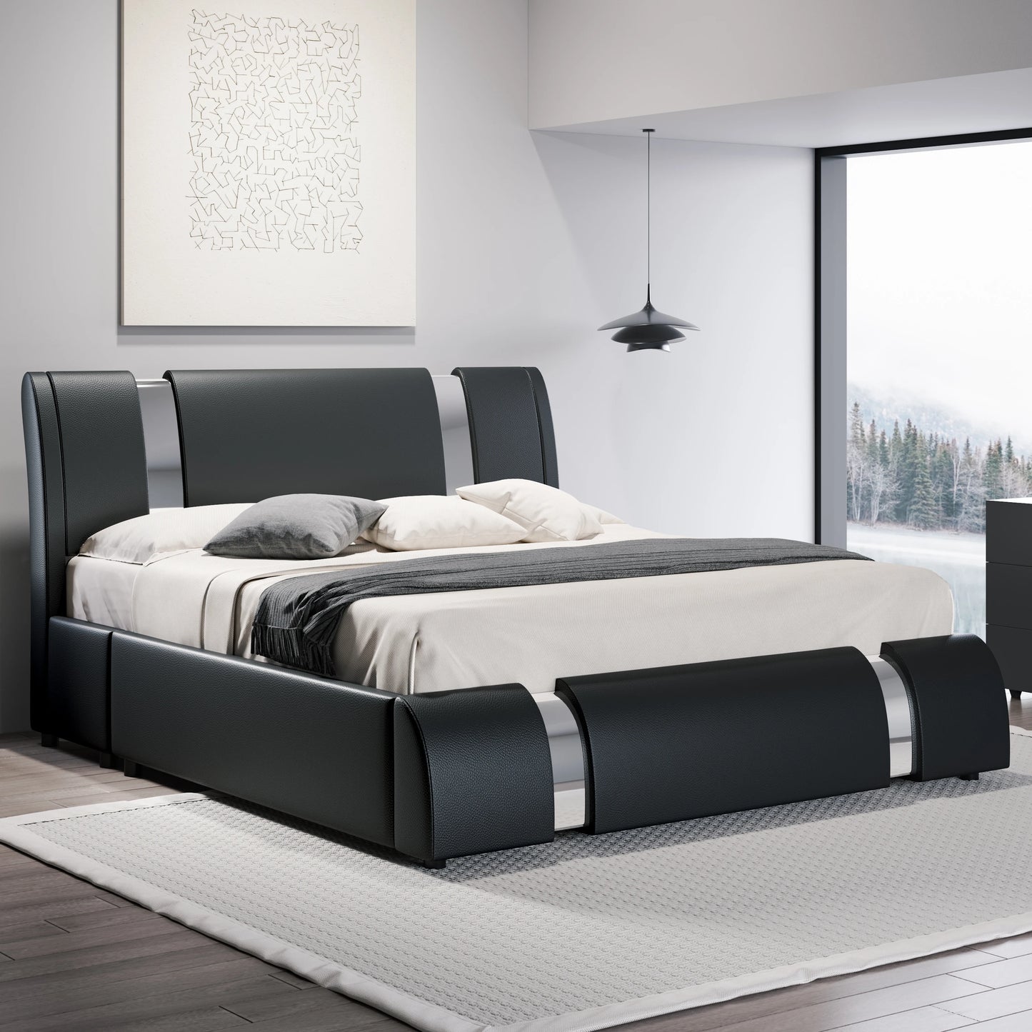 Modern Faux Leather Platform Bed Frame with Adjustable Headboard & Iron Décor – 800 LB Capacity | Queen King