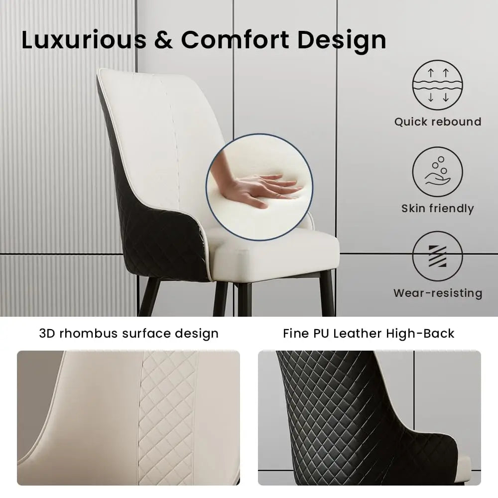 Diamond-Stitched Dining Chairs Set of 2 | 38" High Back, Faux Leather & Metal Legs