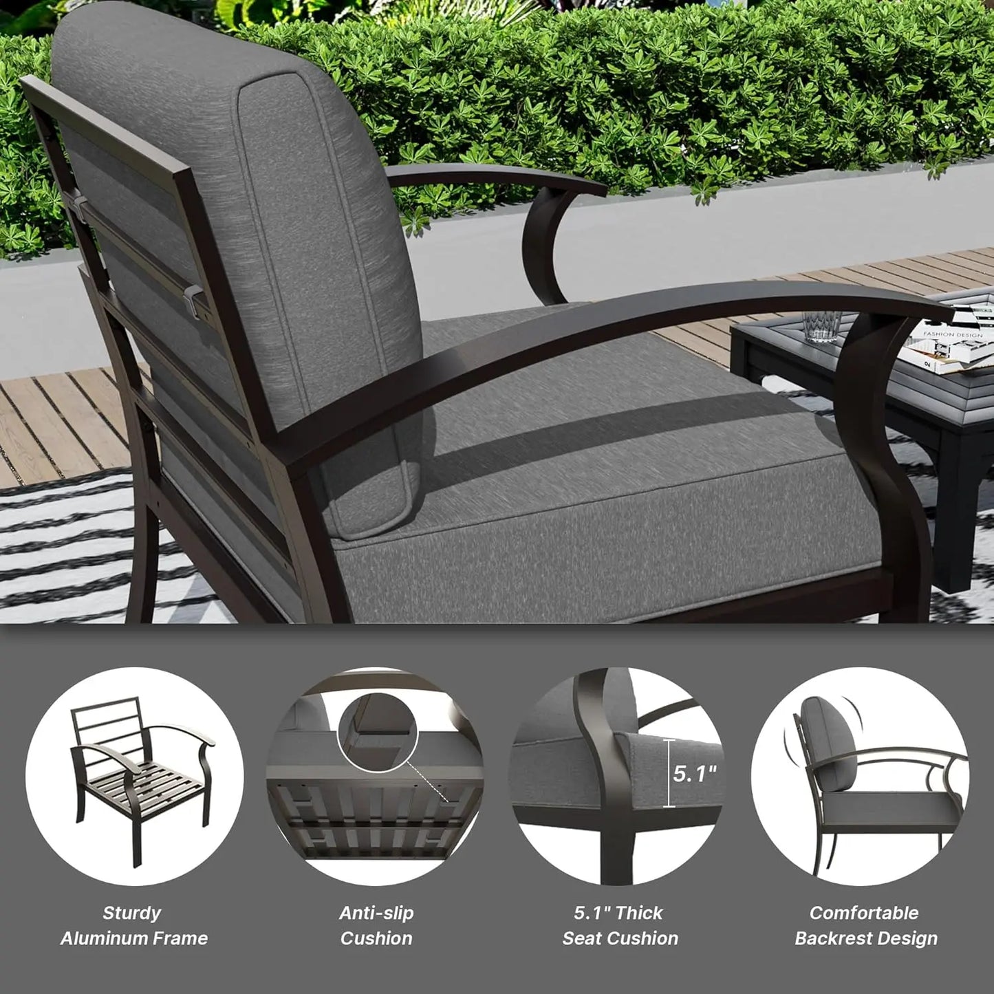 7-Piece Aluminum Patio Set with 50,000 BTU Fire Pit Table & Swivel Rocking Chairs