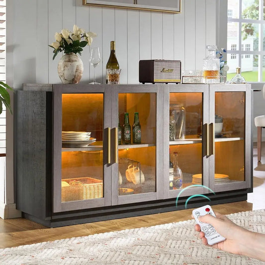 64" Modern Sideboard Buffet Cabinet | LED Strip, Glass Doors & Ample Storage | Grey & Black
