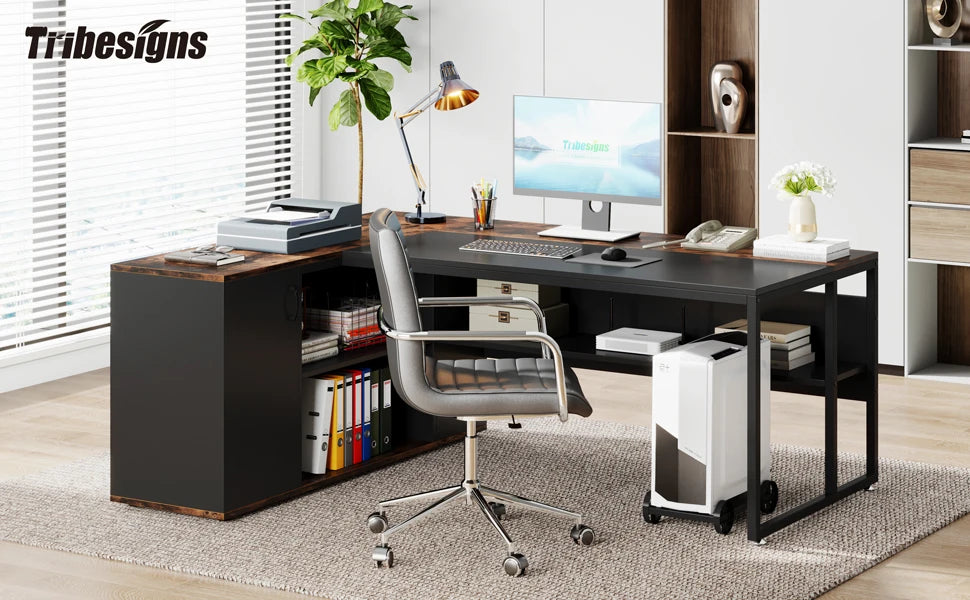 Tribesigns 71" L-Shaped Executive Desk with Storage Cabinet & Shelves