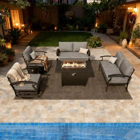 7-Piece Aluminum Patio Set with 50,000 BTU Fire Pit Table & Swivel Rocking Chairs