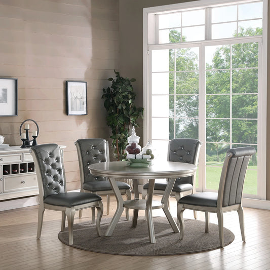 5-Piece Round Dining Table Set – Silver Hue with Tufted Chairs