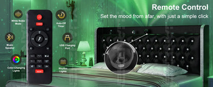 Velvet Wingback LED Bed Frame with Galaxy Projector, Bluetooth Speaker & 4 Storage Drawers – Full XL Queen King