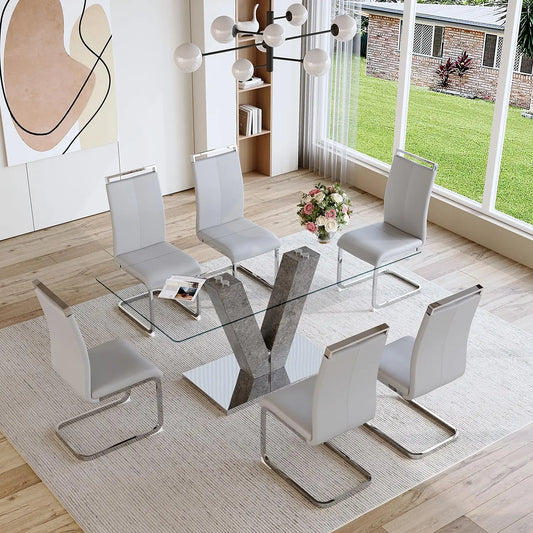 7-Piece Glass Dining Table Set for 6 | 71" Clear Glass Top, V-Base & PU Leather Chairs