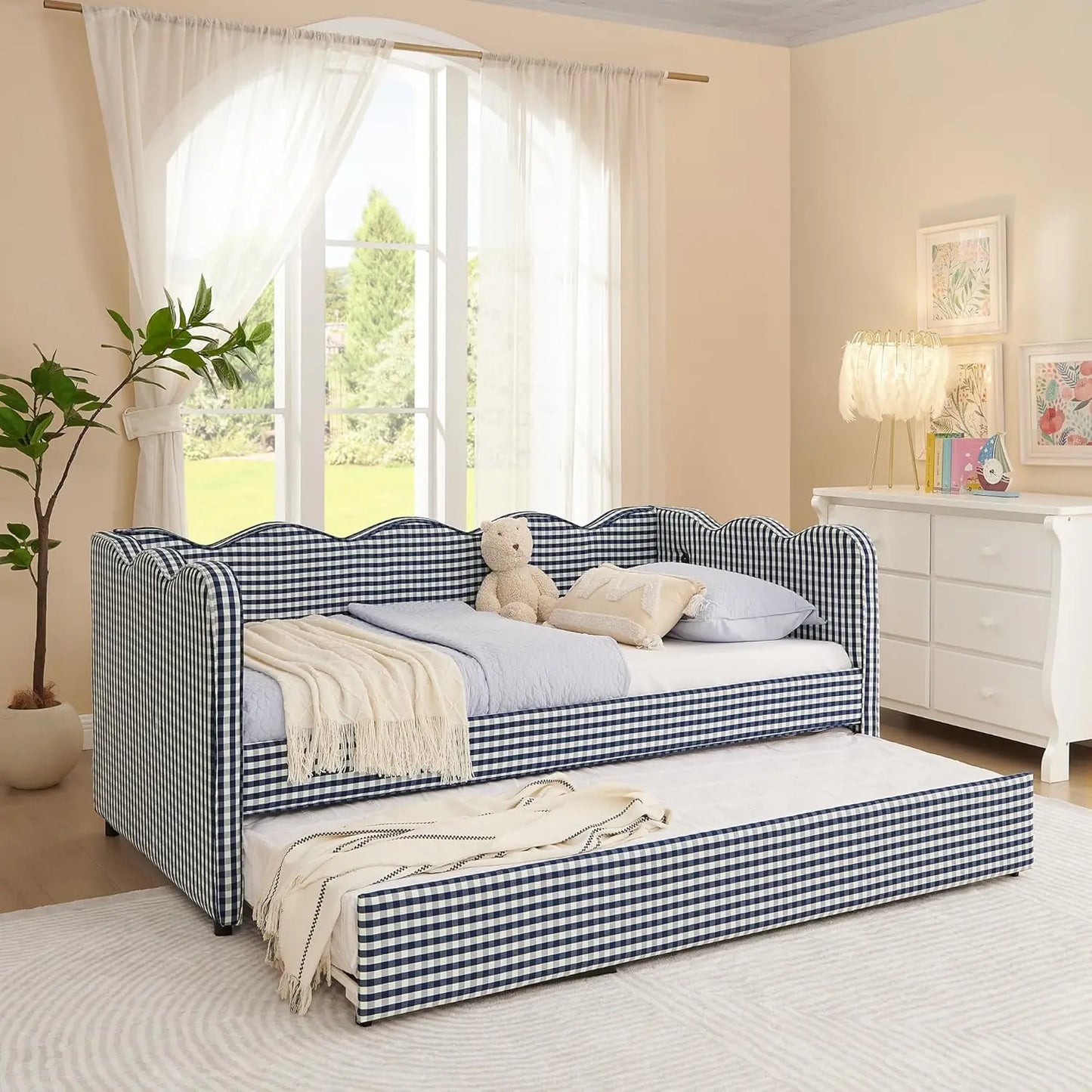 Twin Upholstered Gingham Daybed with Trundle & USB Charging – Linen, Wavy Edge, 7 Colors