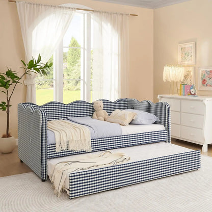 Twin Upholstered Gingham Daybed with Trundle & USB Charging – Linen, Wavy Edge, 7 Colors