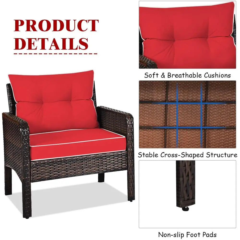 3-Piece Outdoor Wicker Patio Furniture Set – PE Rattan Chairs & Glass Top Coffee Table with Cushions