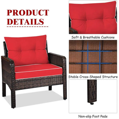3-Piece Outdoor Wicker Patio Furniture Set – PE Rattan Chairs & Glass Top Coffee Table with Cushions