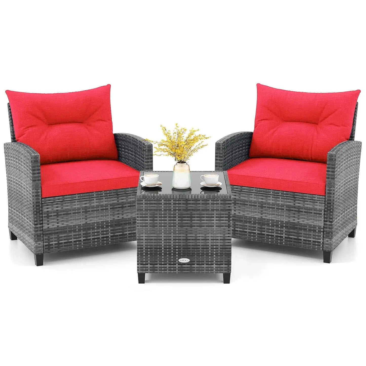3-Piece Outdoor PE Rattan Bistro Conversation Set – 2 Wicker Chairs with Washable Cushions & Tempered Glass Coffee Table