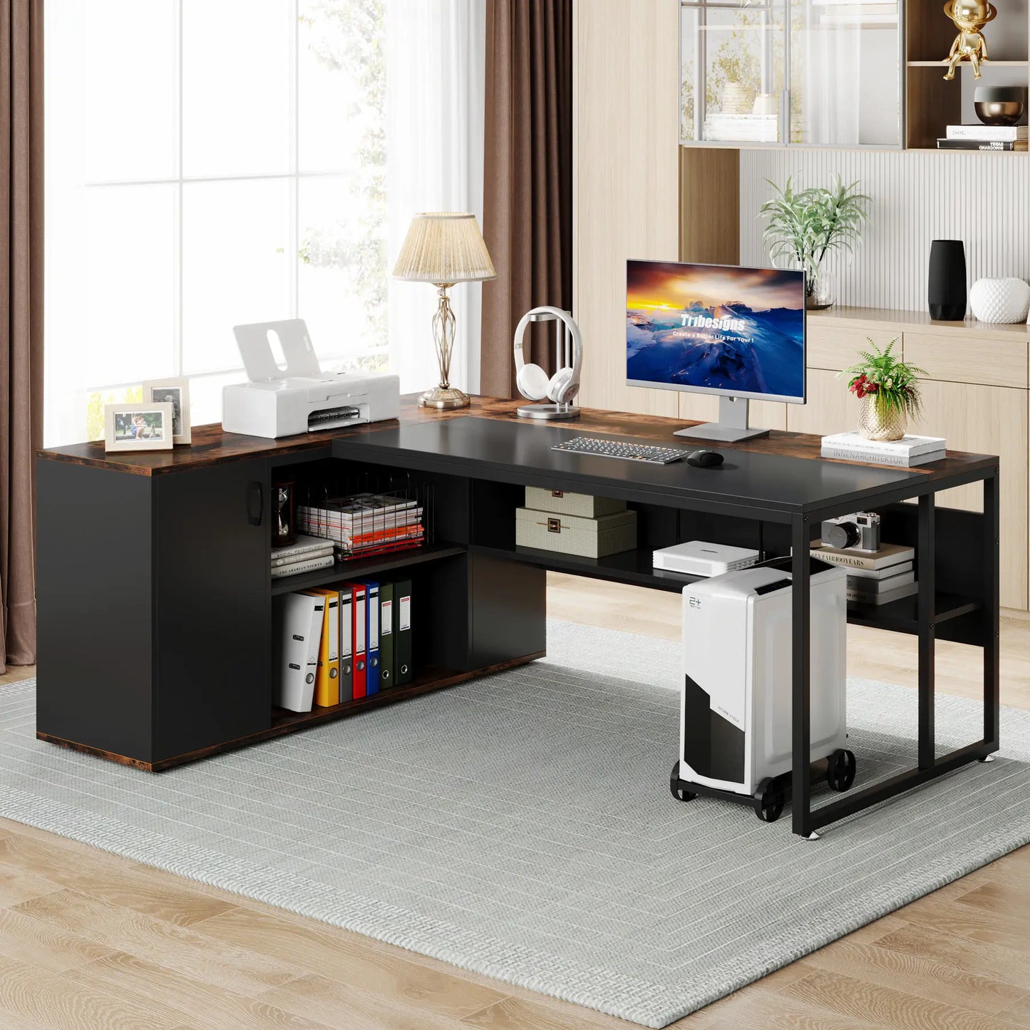 Tribesigns 71" L-Shaped Executive Desk with Storage Cabinet & Shelves