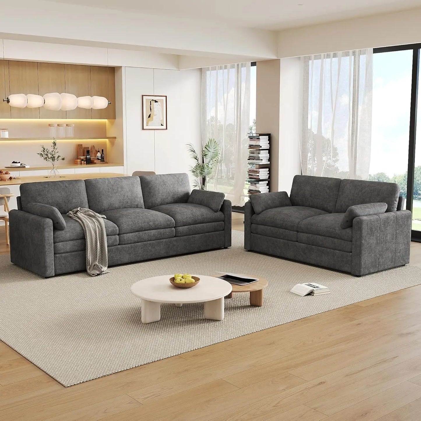 2-Piece Chenille Cloud Sofa Set | Oversized 3-Seater Couch & Loveseat with Double Plush Cushions