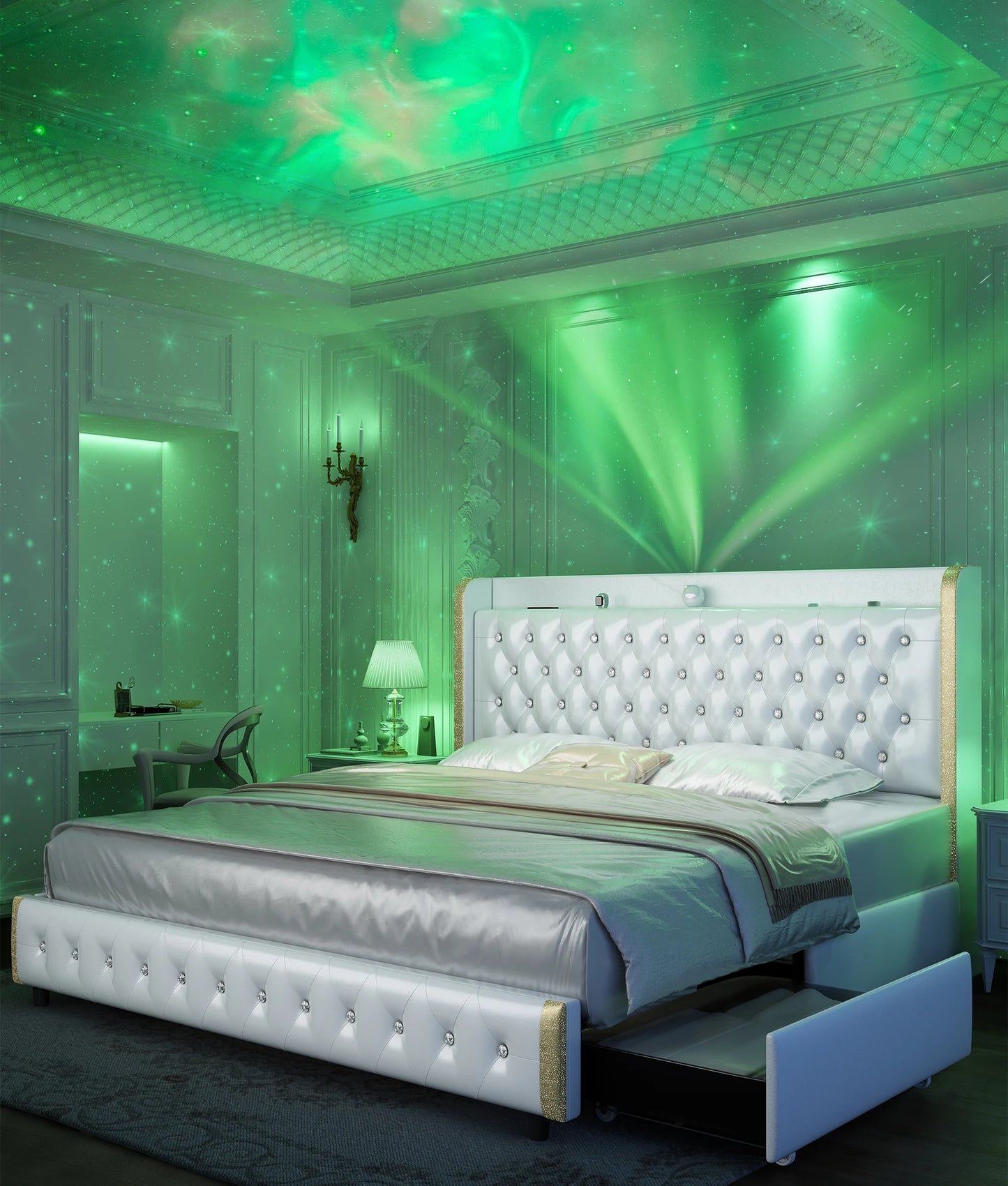 Velvet Wingback LED Bed Frame with Galaxy Projector, Bluetooth Speaker & 4 Storage Drawers – Full XL Queen King
