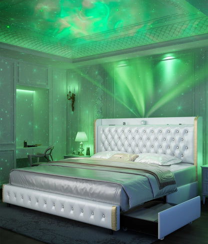 Velvet Wingback LED Bed Frame with Galaxy Projector, Bluetooth Speaker & 4 Storage Drawers – Full XL Queen King