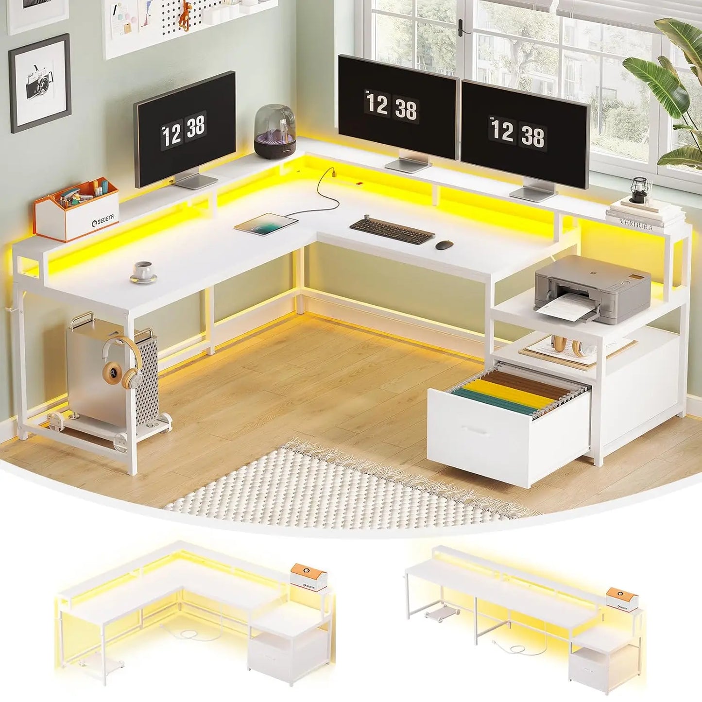 L-Shaped Gaming & Home Office Desk 66" | File Drawer, Power Outlet & RGB Lights