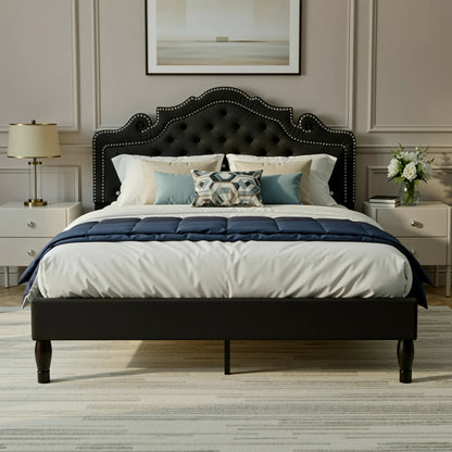 Velvet Platform Bed Frame with Adjustable Tiara Headboard – Diamond Tufted, Under-Bed Storage, No Box Spring Needed