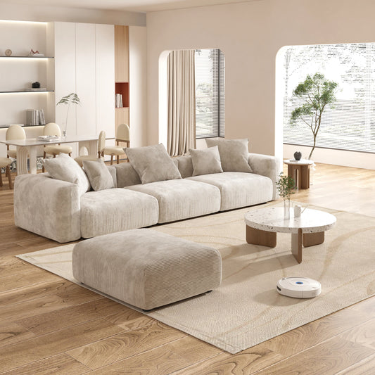 141" L-Shaped Corduroy Sectional Sofa with Ottoman | Oversized 3-Seater with Removable Covers