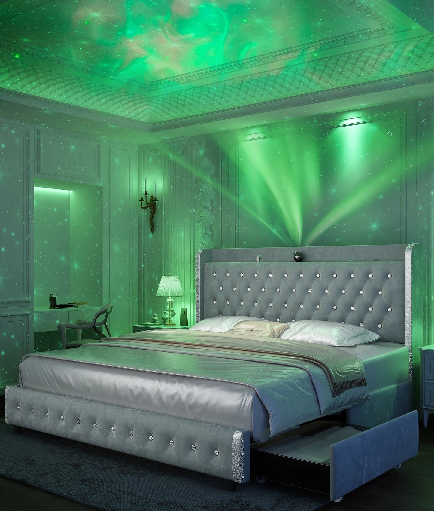 Velvet Wingback LED Bed Frame with Galaxy Projector, Bluetooth Speaker & 4 Storage Drawers – Full XL Queen King