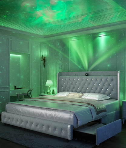 Velvet Wingback LED Bed Frame with Galaxy Projector, Bluetooth Speaker & 4 Storage Drawers – Full XL Queen King