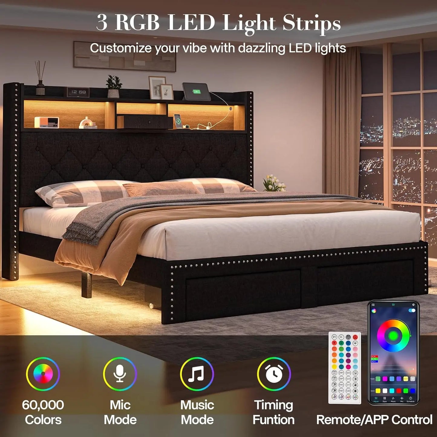 Linen Upholstered Platform Bed Frame with LED Lights, Charging Station & Storage Drawers – Full/Queen