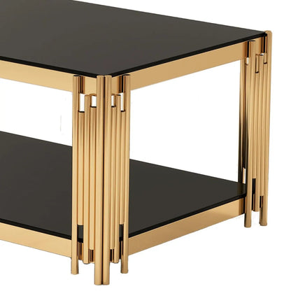Black & Gold Tempered Glass Coffee Table – 47" Modern Oval with Wind Chime Legs & Lower Shelf