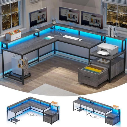 L-Shaped Gaming & Home Office Desk 66" | File Drawer, Power Outlet & RGB Lights