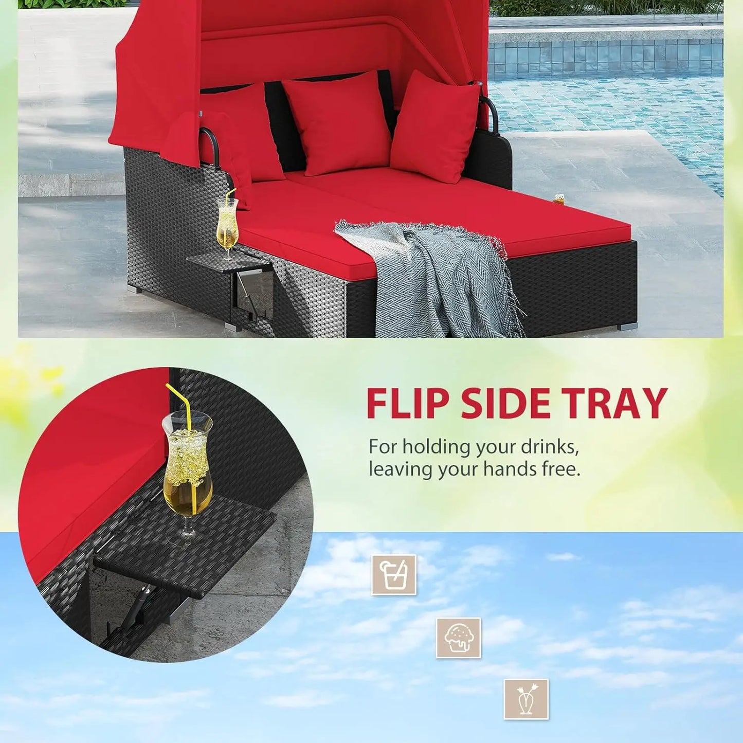 Outdoor Rattan Daybed with Retractable Canopy – 2-Person Patio Sunbed with Cushions & Pillows