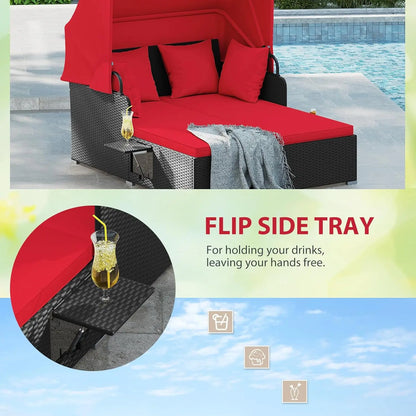 Outdoor Rattan Daybed with Retractable Canopy – 2-Person Patio Sunbed with Cushions & Pillows