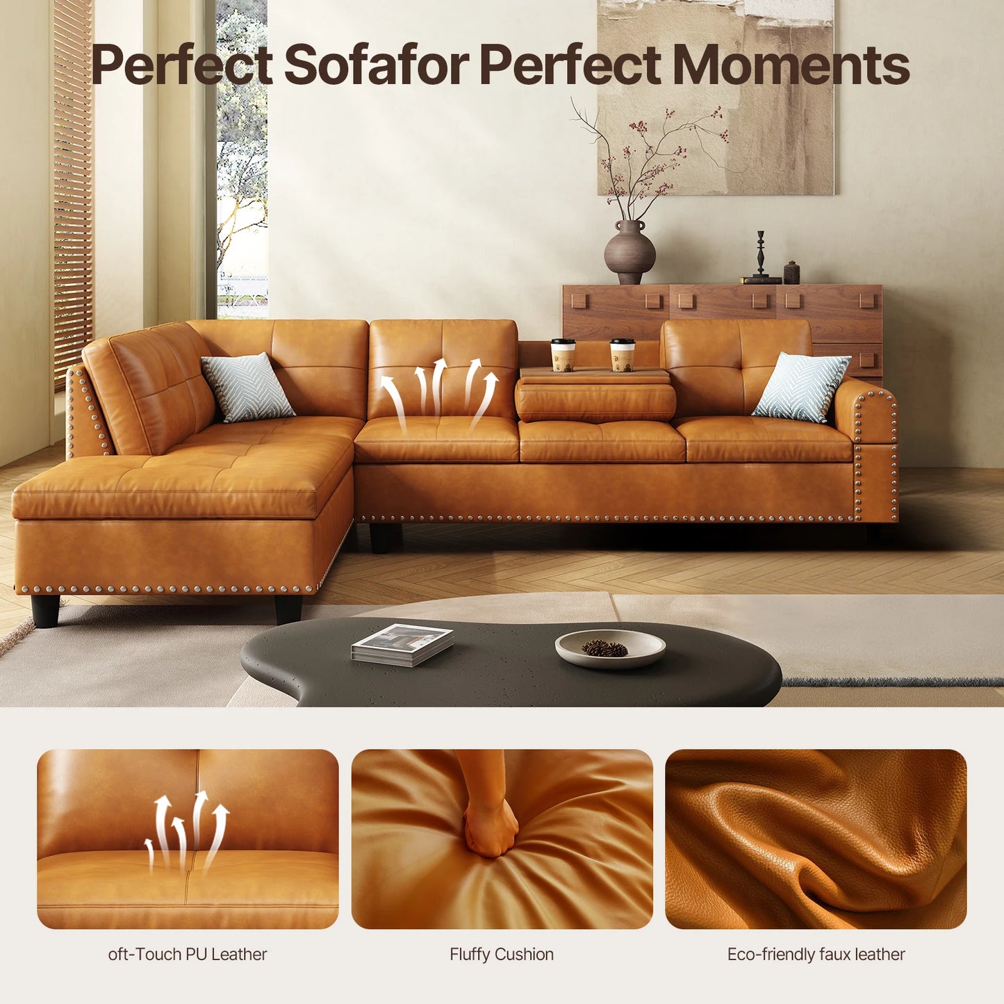 97.5" L-Shaped Sectional Sofa with Chaise – Faux Leather, 6-Seater