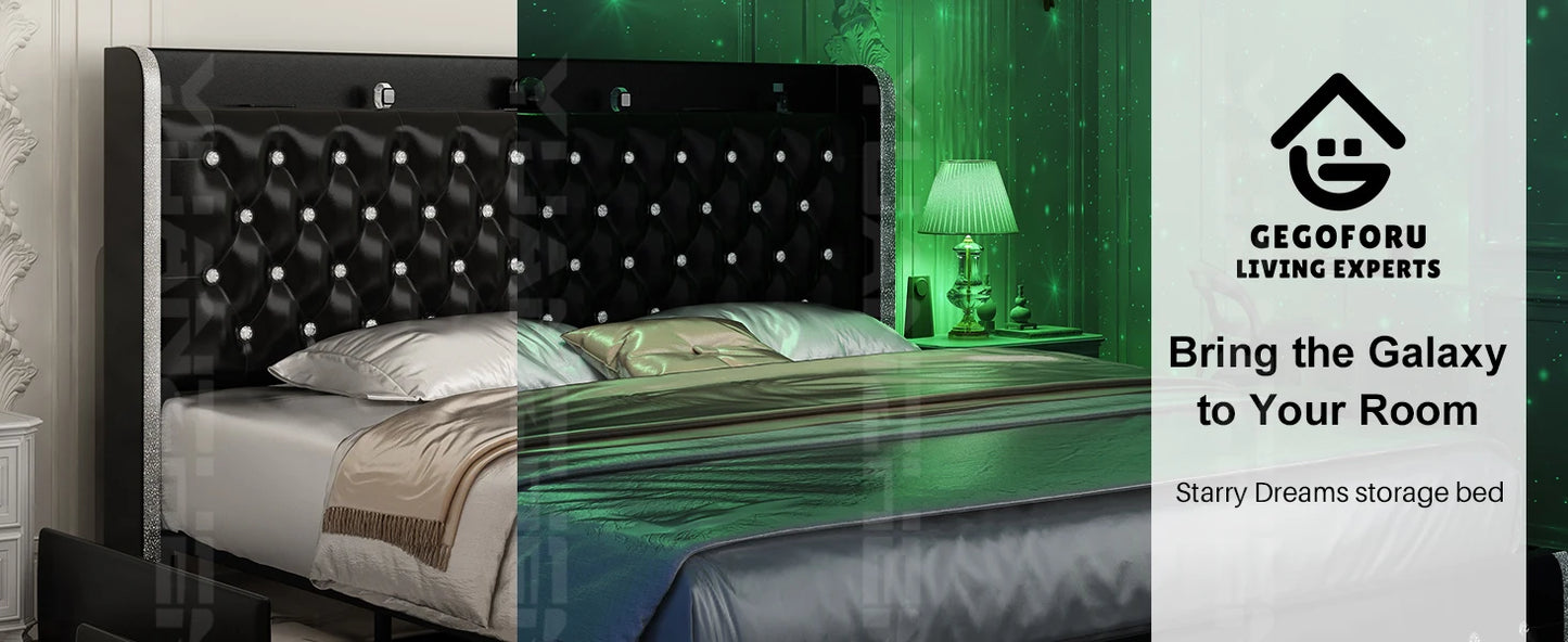 Velvet Wingback LED Bed Frame with Galaxy Projector, Bluetooth Speaker & 4 Storage Drawers – Full XL Queen King