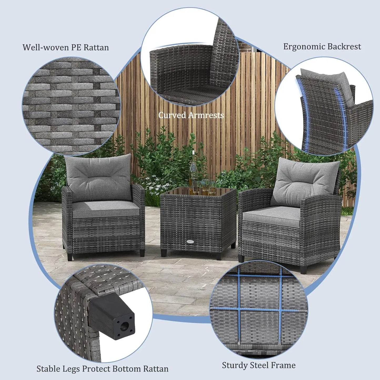 3-Piece Outdoor PE Rattan Bistro Conversation Set – 2 Wicker Chairs with Washable Cushions & Tempered Glass Coffee Table