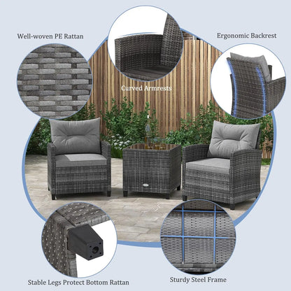 3-Piece Outdoor PE Rattan Bistro Conversation Set – 2 Wicker Chairs with Washable Cushions & Tempered Glass Coffee Table