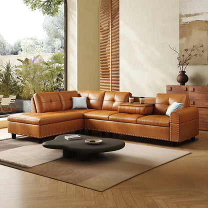 97.5" L-Shaped Sectional Sofa with Chaise – Faux Leather, 6-Seater