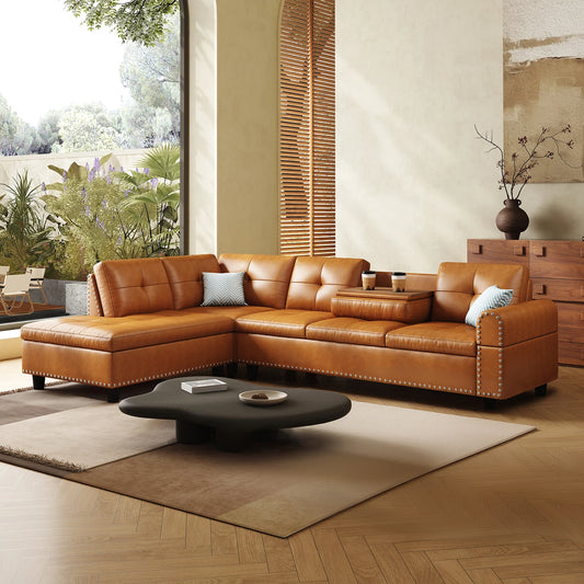 97.5" L-Shaped Sectional Sofa with Chaise – Faux Leather, 6-Seater